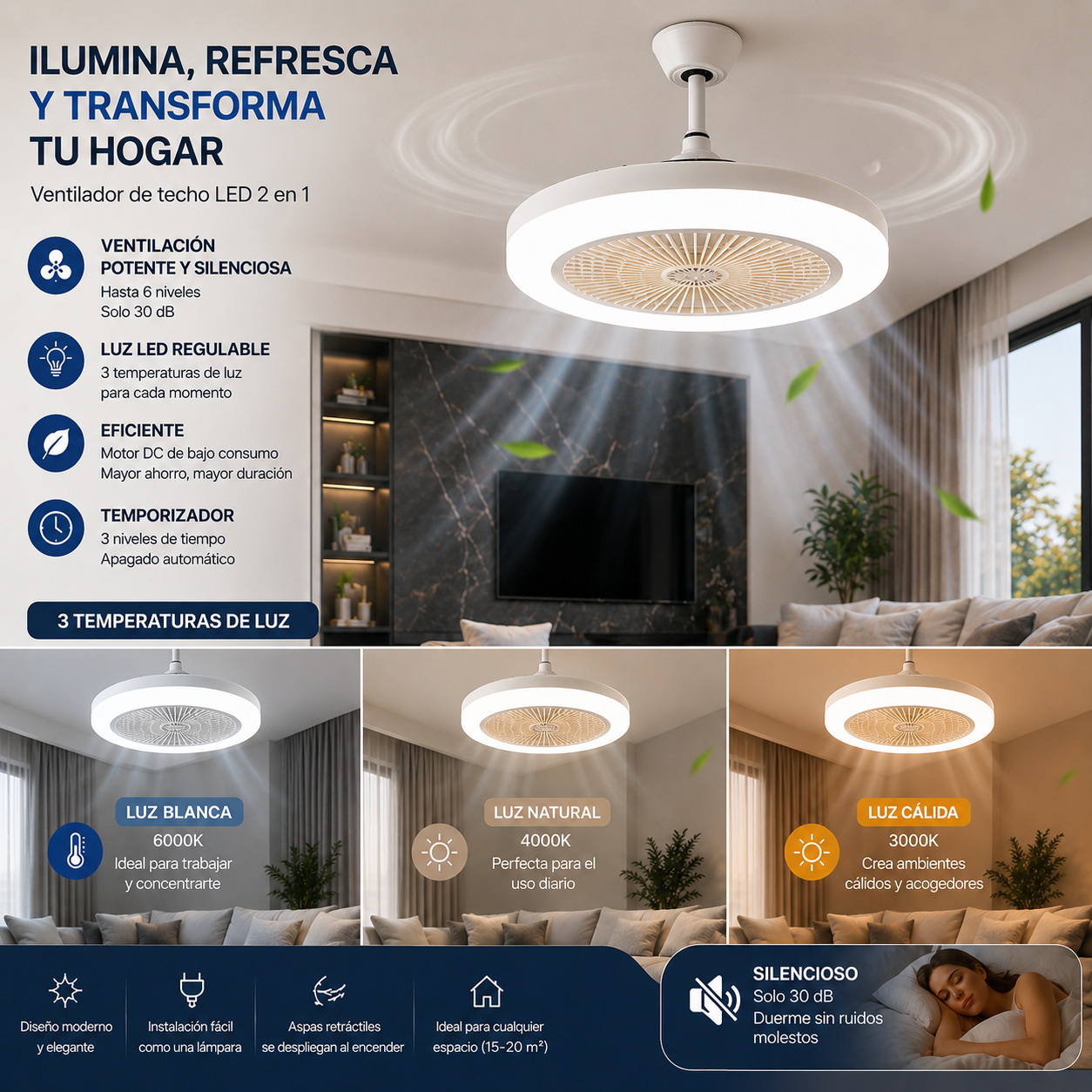 Ventilador Silencioso con Luz - Instalación en Minutos