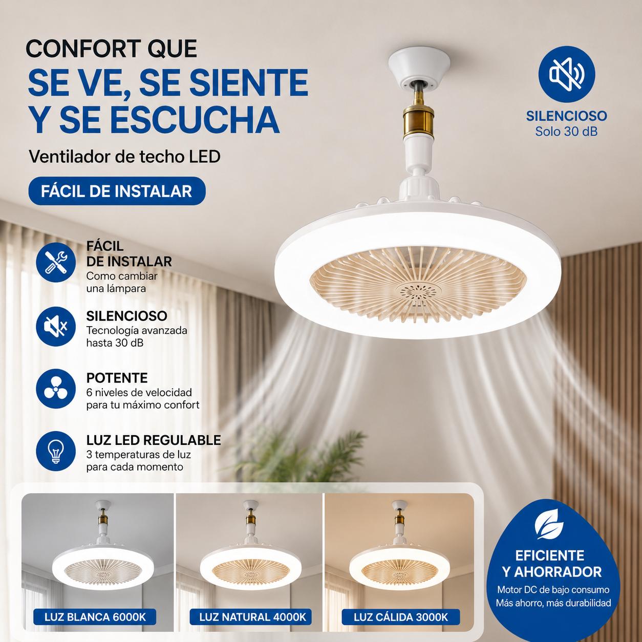 Ventilador Silencioso con Luz - Instalación en Minutos